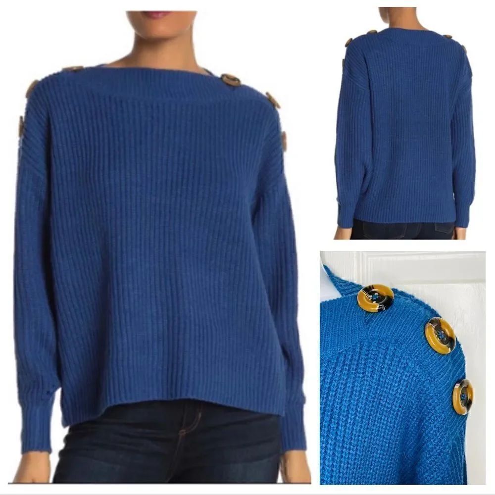 Philosophy Button Shoulder Dolman Boatneck Sweater Balloon Sleeve Blue S